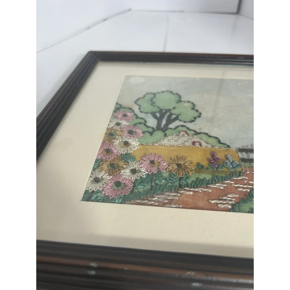 Vintage needle‎ point picture floral wood antique Framed 11x14 tapestry Farm
